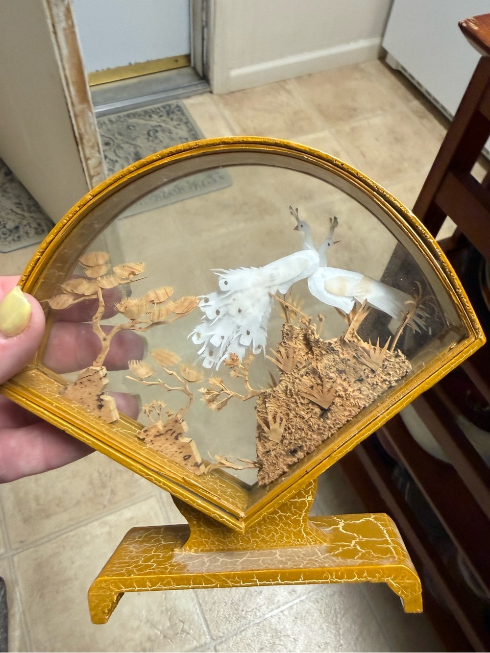 VTG Chinese  Cork Art Hand Carved Diorama Pagoda Cranes Trees fan